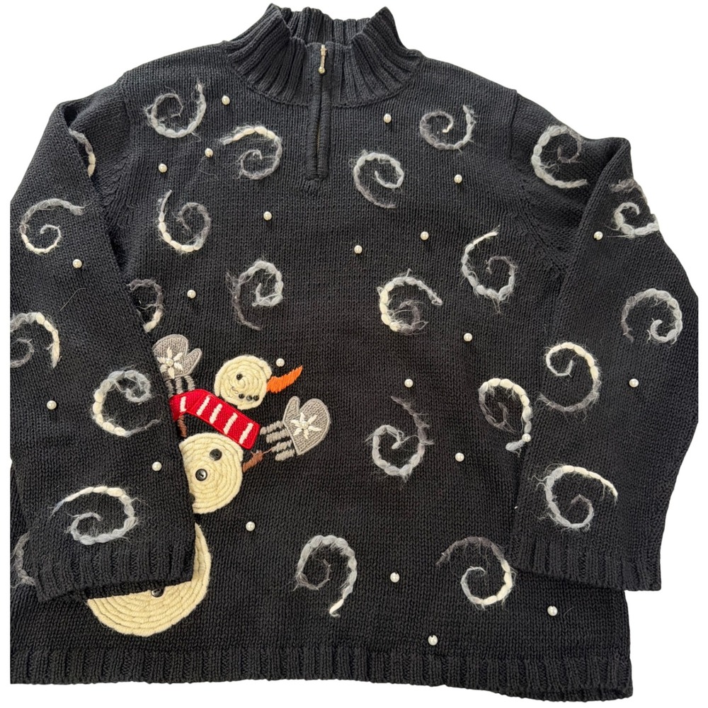 Vintage Snowman Embellished Quarter Zip Sweater Black XL Holiday Timberlea